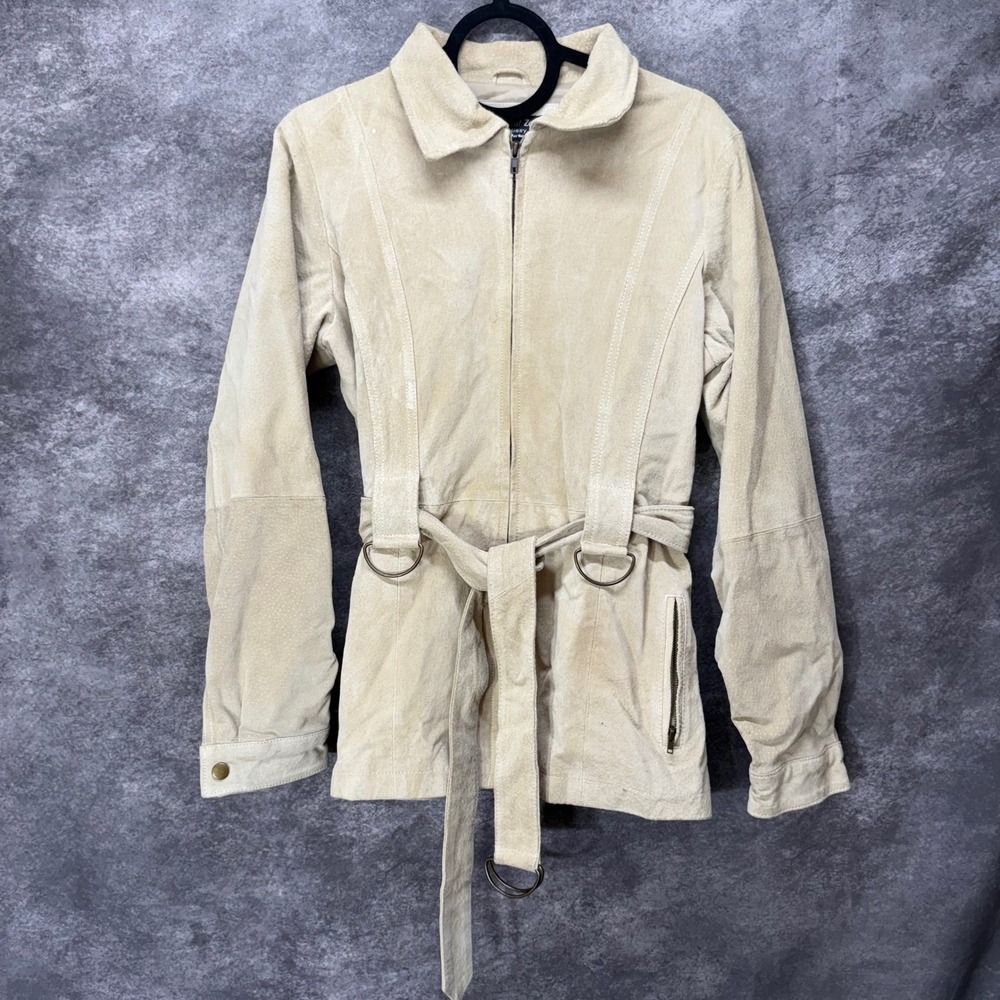 Y2K Neutral Zone Suede Leather Jacket Womens M Tie Belt Beige Utility Neutral